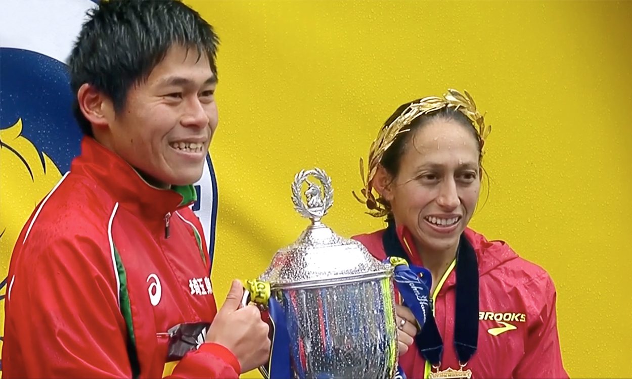 Desi Linden and Yuki Kawauchi win rain-soaked Boston Marathon